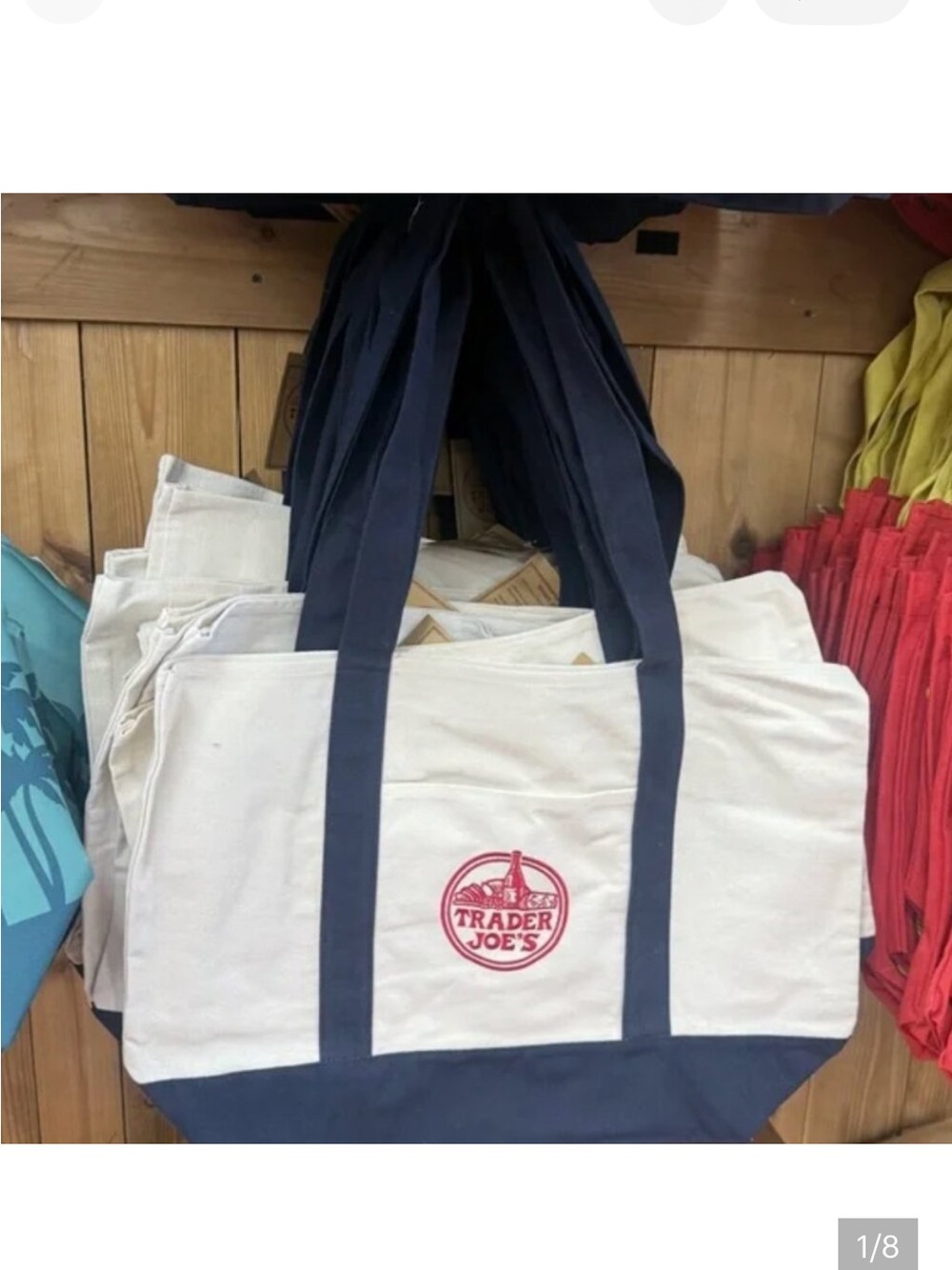Trader Joe's Canvas Tote Bag in Natural and Navy with Red Logo